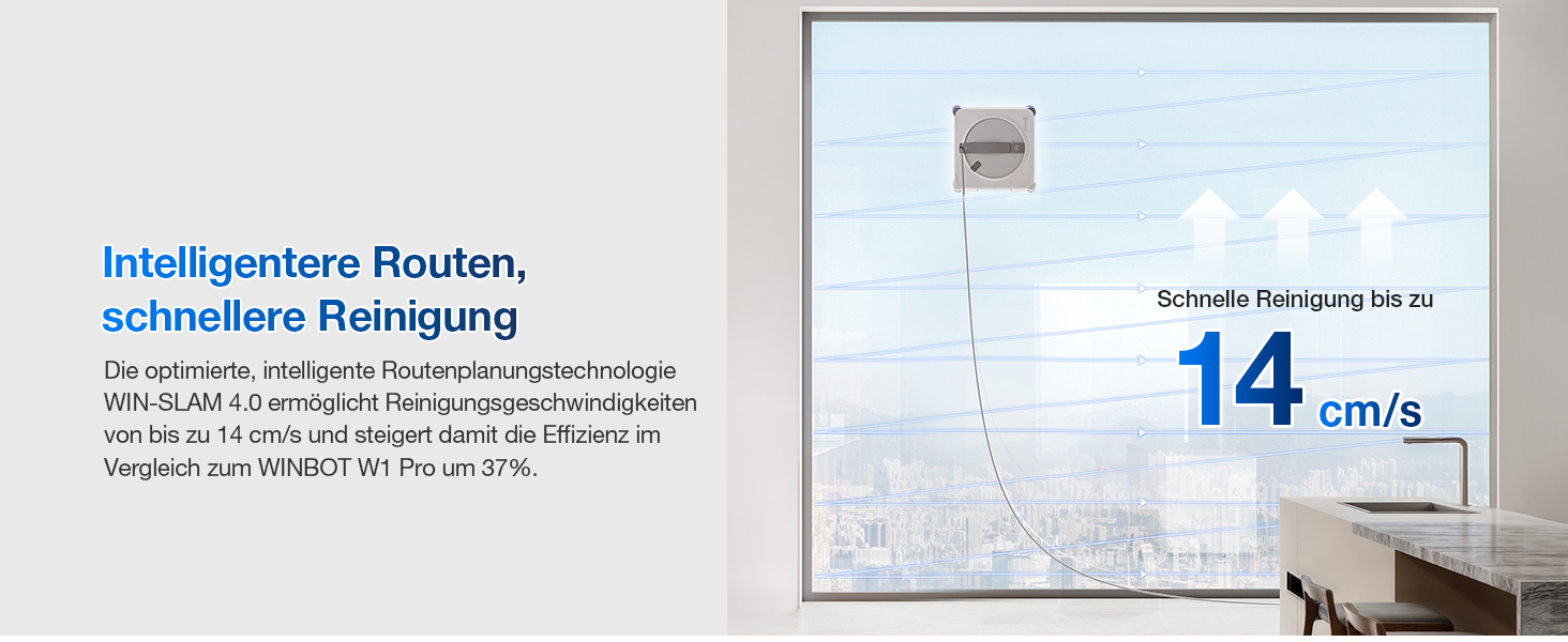 Der Text lautet „Intelligentes Routen, schnellere Reinigung“. Innenansicht eines Roboterstaubsaugers, der sich in einem modernen Wohnraum um die Möbel bewegt.