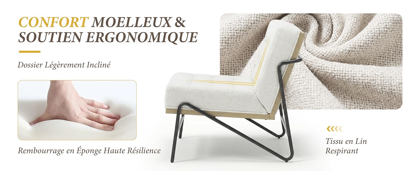 Le texte indique « CONFORT MOELLEUX &amp; SOUTIEN ERGONOMIQUE », « Technologie de Design Fibres Recouvertes ». Chaise longue rembourrée gris clair avec structure en métal présentée sous plusieurs angles, dotée d'un design ergonomique confortable et d'un rembourrage doux.