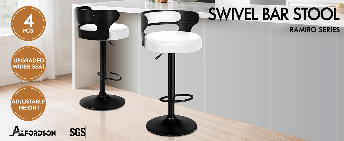 Text reads 'SWIVEL BAR STOOL', 'KAMARO SERIES', 'Arredamenti SGS'. Black swivel bar stool with white seat and metal pedestal base shown with numbered features indicator.