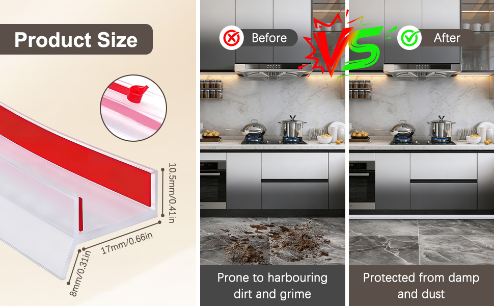 Text reads 'Product Size'. Product demonstration images showing before/after comparison of waterproofing effect on surfaces, with checkmark and X mark indicators.