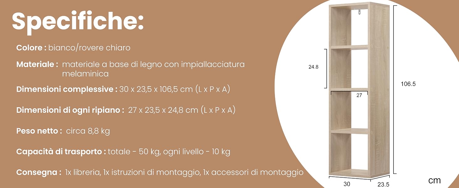 Schema delle specifiche tecniche che mostra misure e dimensioni in lingua italiana, con illustrazioni della struttura a colonne verticali