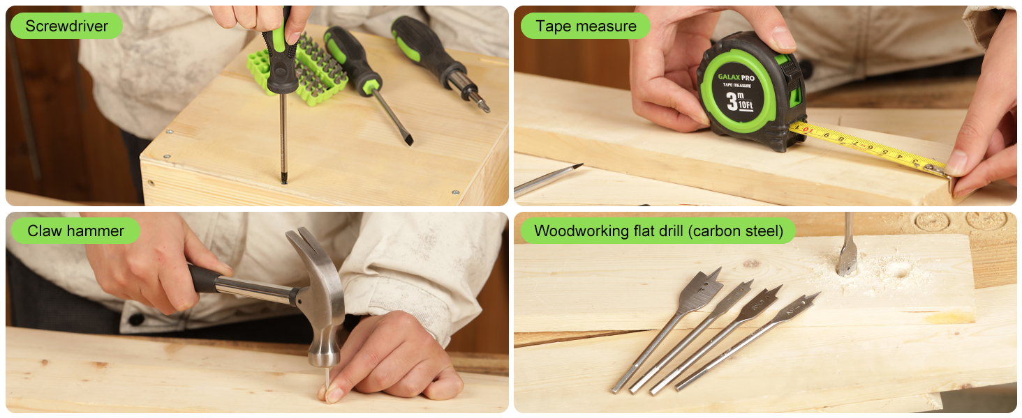 Sequence showing hands using measuring tools and marking on a wooden surface, demonstrating furniture assembly or measurement process.
