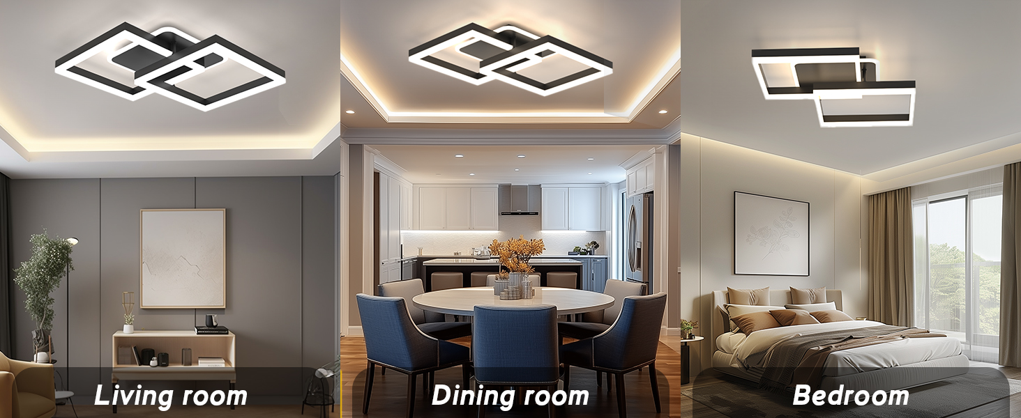 Moderne geometrische LED-Deckenleuchten in drei Raumeinstellungen: Wohnzimmer, Esszimmer und Schlafzimmer. Jede Leuchte verfügt über schwarze rechteckige Rahmen mit integrierter Beleuchtung