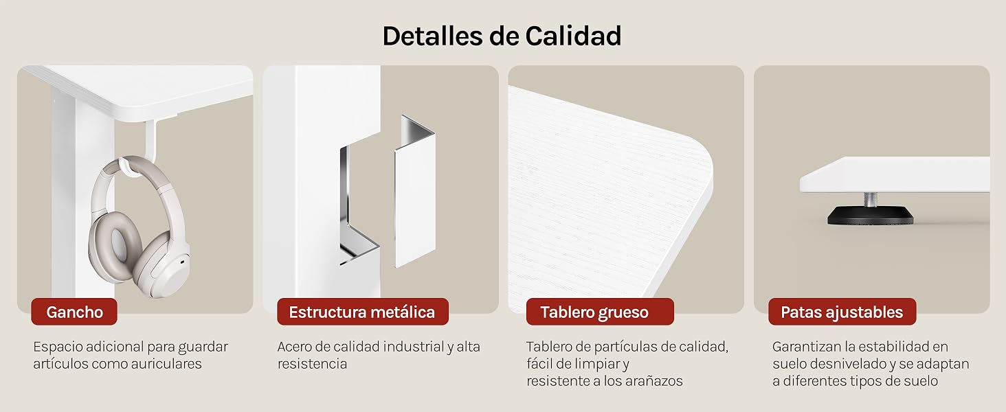 El texto dice: «Detalles de Calidad». Ilustración de cuatro paneles sobre la calidad del producto que muestra las especificaciones técnicas y los detalles de instalación de lo que parecen ser componentes de iluminación o luminarias.
