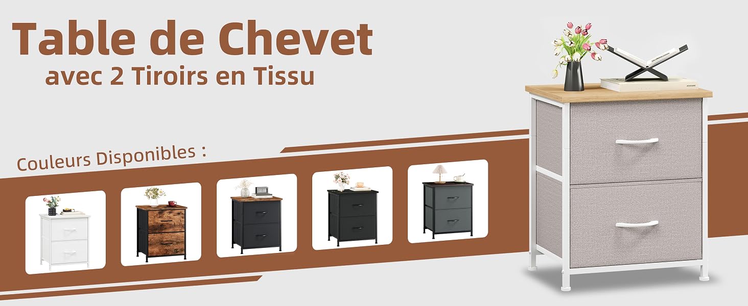 Le texte se lit comme suit : « Table de chevet avec 2 tiroirs en tissu » et « Couleurs disponibles ». L'image du produit montre un tiroir en tissu gris avec les échantillons de couleurs disponibles ci-dessous.
