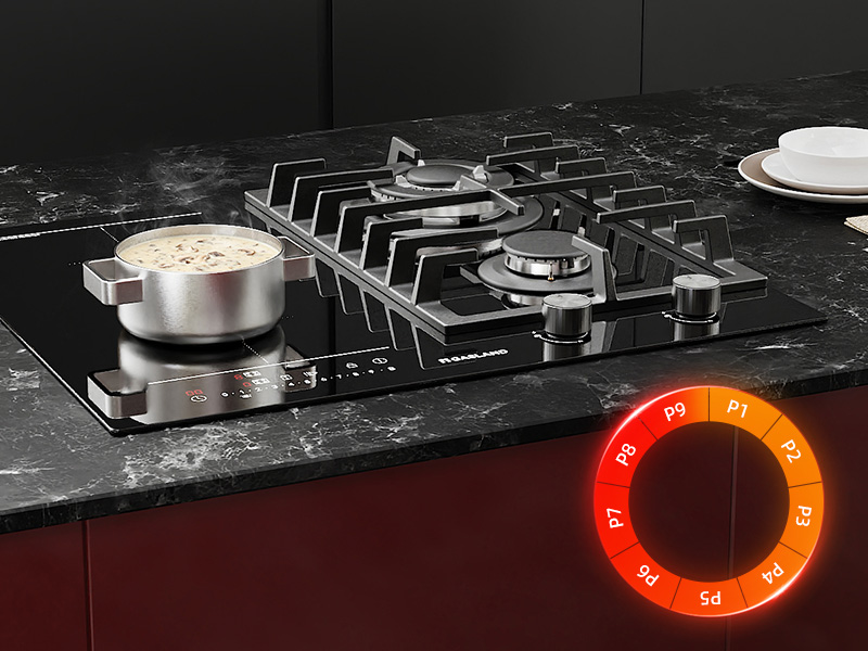 Série d'images montrant une cuisinière ou une table de cuisson noire dotée d'une interface de commande circulaire orange-rouge illuminée sur une surface en marbre foncé ou en pierre.