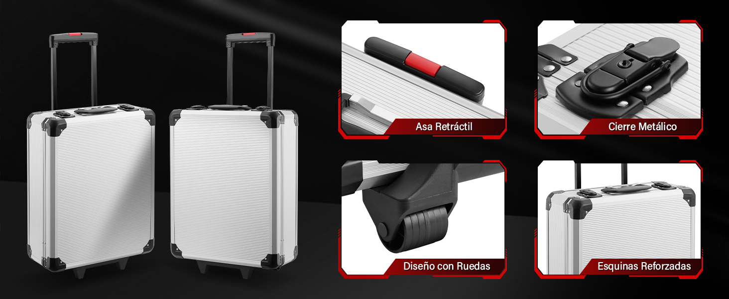 Fotografías técnicas de productos de un dispositivo electrónico blanco o una carcasa que se muestran desde varios ángulos, con secciones resaltadas en rojo que indican las características o componentes clave.