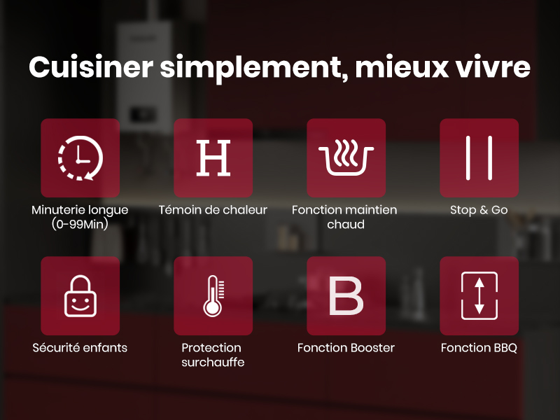 Le texte se lit comme suit : « Cuisiner simplement, mieux vivre ». Quatre icônes rouges illustrant les fonctions : sécurité enfants, protection automatique, fonction booster, fonction BBQ. Vue différente de la même interface.