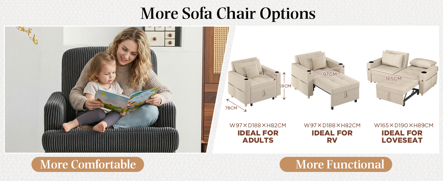 Text reads 'Image 3' and 'More Comfortable' and 'More Functions'. Product showcase of reclining chair or sofa configurations, displaying various positions and features in marketing layout.