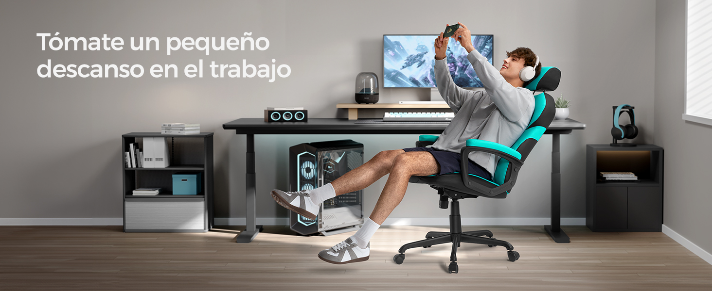 SONGMICS Silla de Oficina, Silla Gaming, Altura Ajustable, Superficie de PU  y Tela de Algodón y