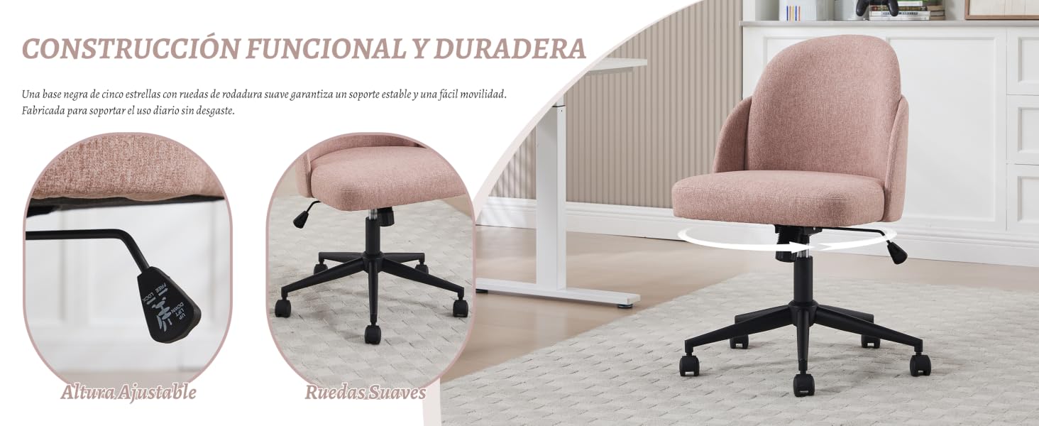 El texto dice «CONSTRUCCIÓN FUNCIONAL Y DURADERA». Varias vistas de una silla de oficina rosa que muestra las características de construcción y ajuste.