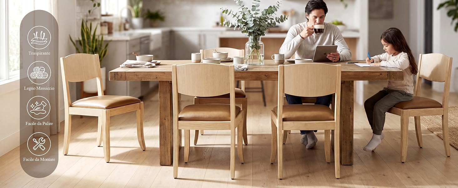 Tavolo da pranzo e sedie in legno chiaro con quattro persone sedute, impegnate a mangiare e conversare. Piante in vaso e interni domestici visibili sullo sfondo con icone funzionali sul lato sinistro.