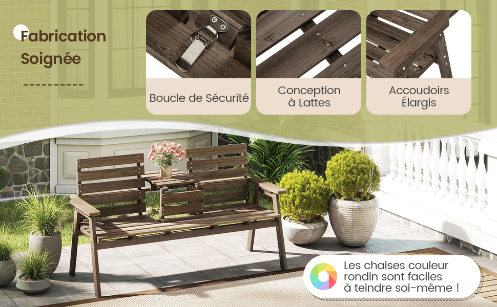 Le texte se lit comme suit : « Fabrication », « Signée ». Schéma d'instructions de montage montrant les étapes de construction du mobilier d'extérieur, comprenant les composants du banc en bois et la quincaillerie.