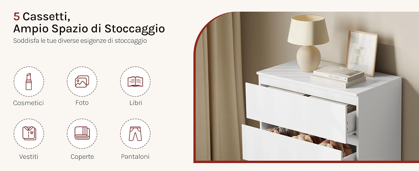 Il testo recita «5 Cassetti, Ampio Spazio di Stoccaggio». Armadietto bianco con più cassetti mostrato accanto a icone infografiche che indicano le caratteristiche.
