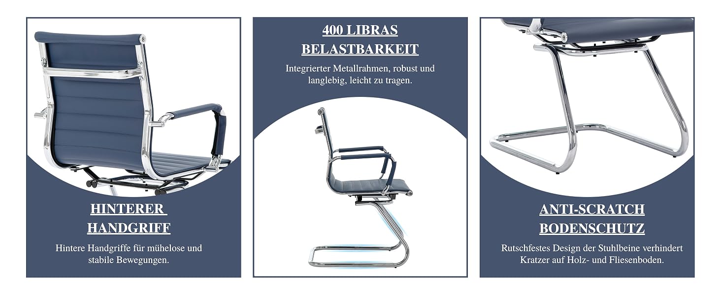 Drei technische Abbildungen eines Bürostuhls in Marineblau und Weiß, die verschiedene strukturelle und ergonomische Merkmale einschließlich der Lehnmechanik zeigen.