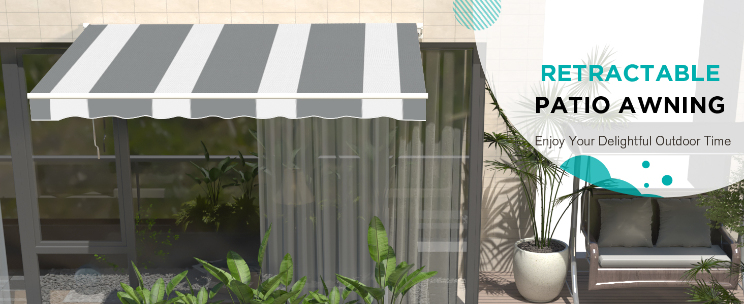 Text reads 'PATIO AWNING' and 'RETRACTABLE'. Gray retractable awning shown extended over outdoor patio space with furniture beneath.