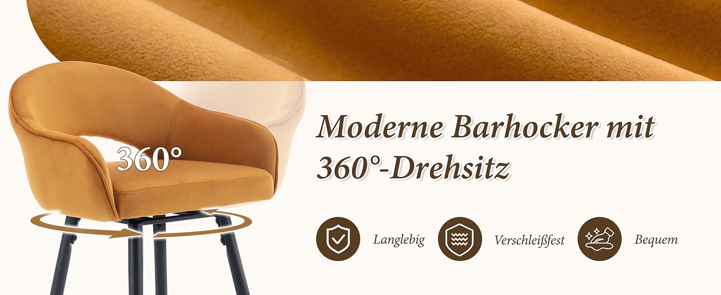 Der Text lautet „Moderne Barhocker mit 360°-Drehsitz“ und die Symbole zeigen „Leicht“, „einfachsetzen“, „bequem“. Moderner drehbarer Barhocker in Hellbraun/Karamell mit schräg abgebildeten schwarzen Metallbeinen.