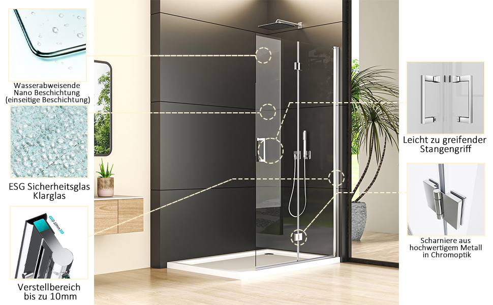 Duschwand mit 6mm Nano ESG Sicherheitsglas