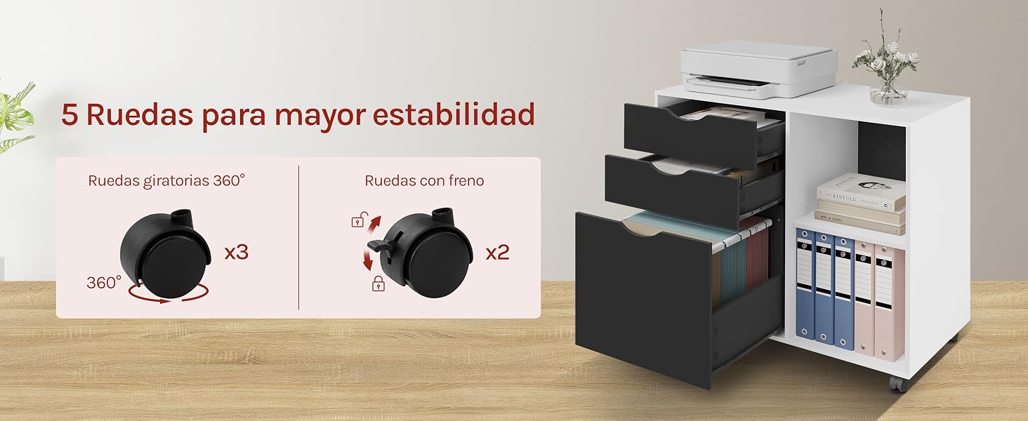 con secciones blancas y negras, con cajones y estanterías abiertas. Incluye 5 ruedas para mayor estabilidad: 3 ruedas más pequeñas y 2 ruedas más grandes, como se muestra en el diagrama