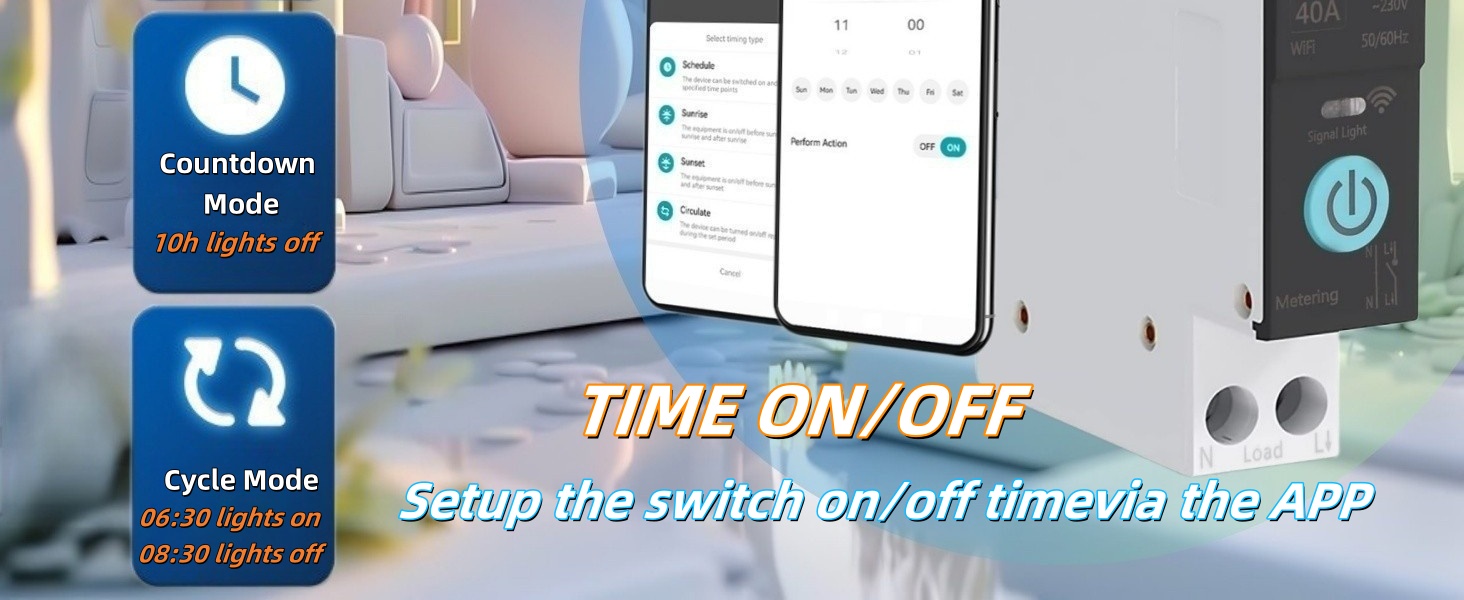 Smart home app interface showing time-based control features. Two mode buttons for 'Countdown' and 'Cycle' are displayed alongside a smartphone demonstrating the app's timer settings.