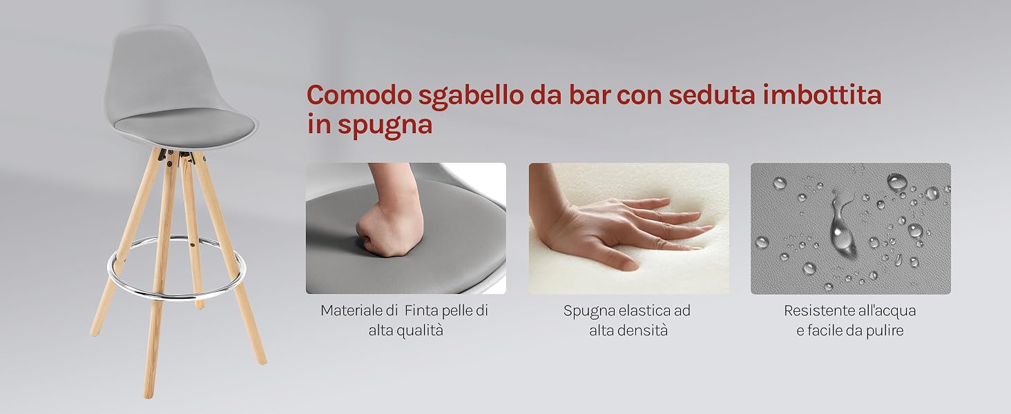 Sgabello da bar minimalista con seduta grigio chiaro e gambe in legno. Quattro pannelli ne mostrano il design, le caratteristiche di comfort e le proprietà di resistenza all'acqua