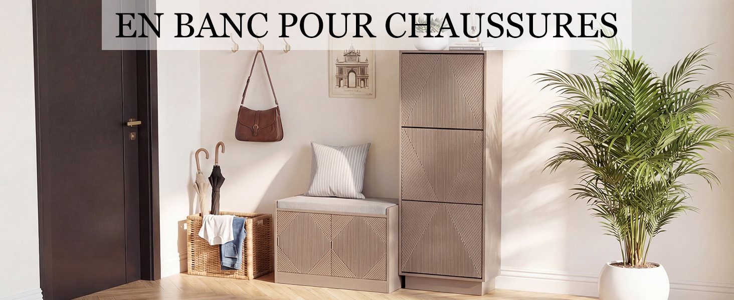 Le texte indique « EN BANC POUR CHAUSSURES ». Présentoir de décoration intérieure comprenant une porte brune, des paniers de rangement tissés, des plantes en pot et des meubles beiges.