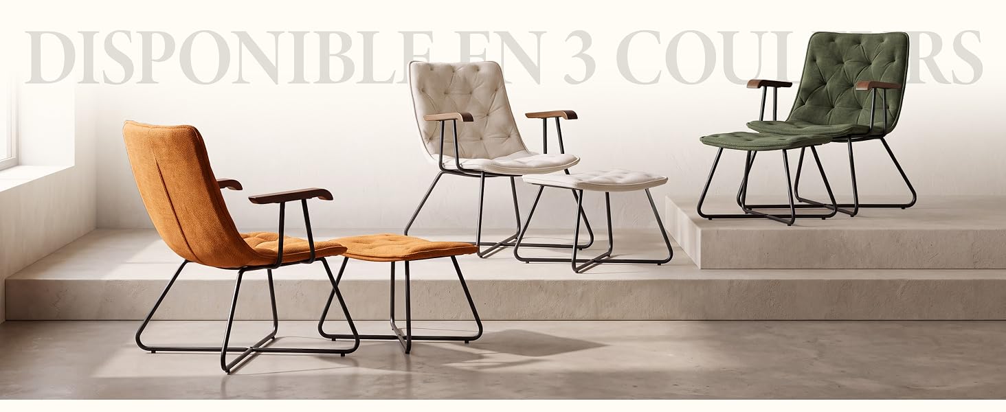 Le texte indique « DISPONIBLE EN 3 COLORES ». Des chaises modernes en trois couleurs (bronze/caramel, beige et vert olive) avec des pieds en fil métallique présentés dans un décor intérieur minimaliste.