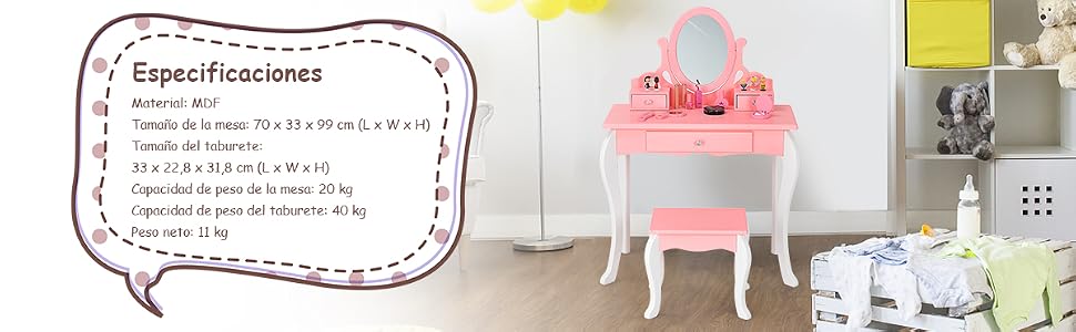 Set Mesa Tocador y Taburete para Niños