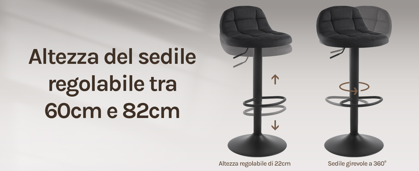 Due sgabelli da bar regolabili neri con cuscini trapuntati. Altezza regolabile da 60 cm a 82 cm. Base girevole con poggiapiedi. Il testo in italiano descrive