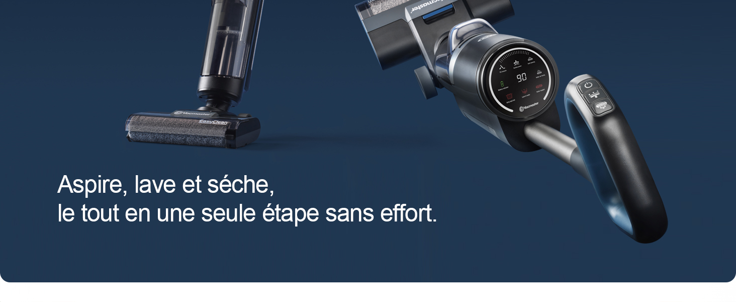 Le texte se lit comme suit : « Aspire, lave et sèche, le tout en une seule étape sans effort ». Vue aérienne d'un outil ou d'un appareil de coiffure portatif sur fond bleu foncé avec des photos détaillées du produit.
