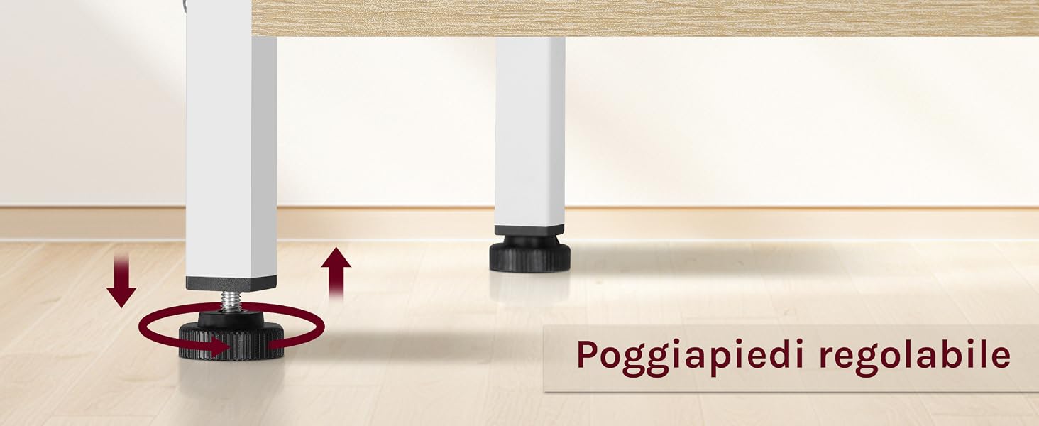 Gamba da tavolo regolabile con piedino di livellamento. Testo 'Poggiapied regolabile' visibile. Sfondo bianco con bordo