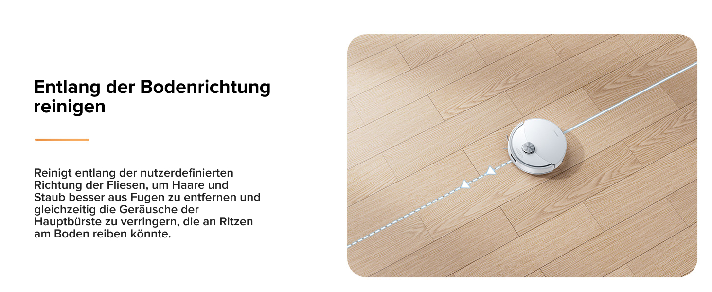 Rundes weißes Robotergerät auf hellem Holzboden. Das Gerät scheint ein Reinigungsroboter zu sein, der so konzipiert ist, dass er sich auf Dielen bewegt. Sein schlankes Profil ist so konzipiert, dass er auch unter Möbel greifen