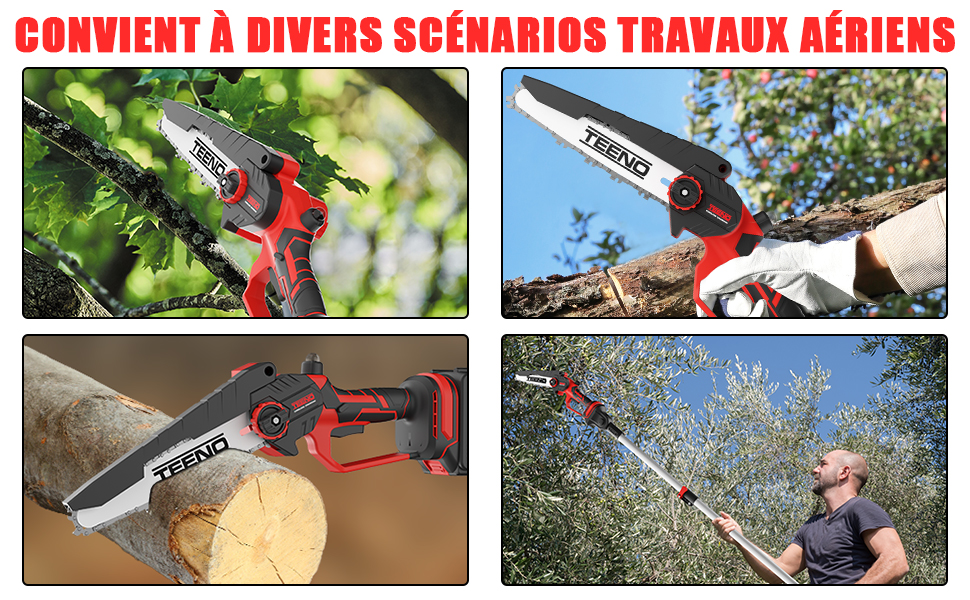 présentée selon quatre scénarios : tailler des branches, couper des rondins, élaguer des arbres en hauteur. Design rouge et noir avec mât extensible pour des travaux aériens polyvalents