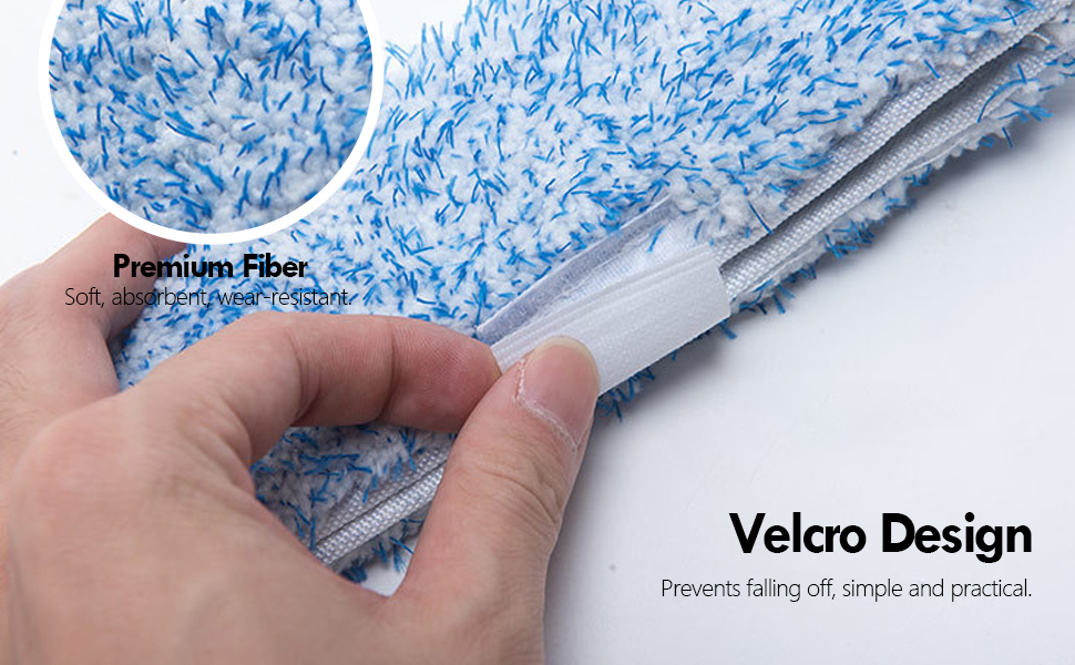 Primo piano di un Materiale per la pulizia in fibra blu e bianca con chiusura in velcro, caratterizzato da una consistenza in fibra di qualità superiore e un design in velcro rimovibile.