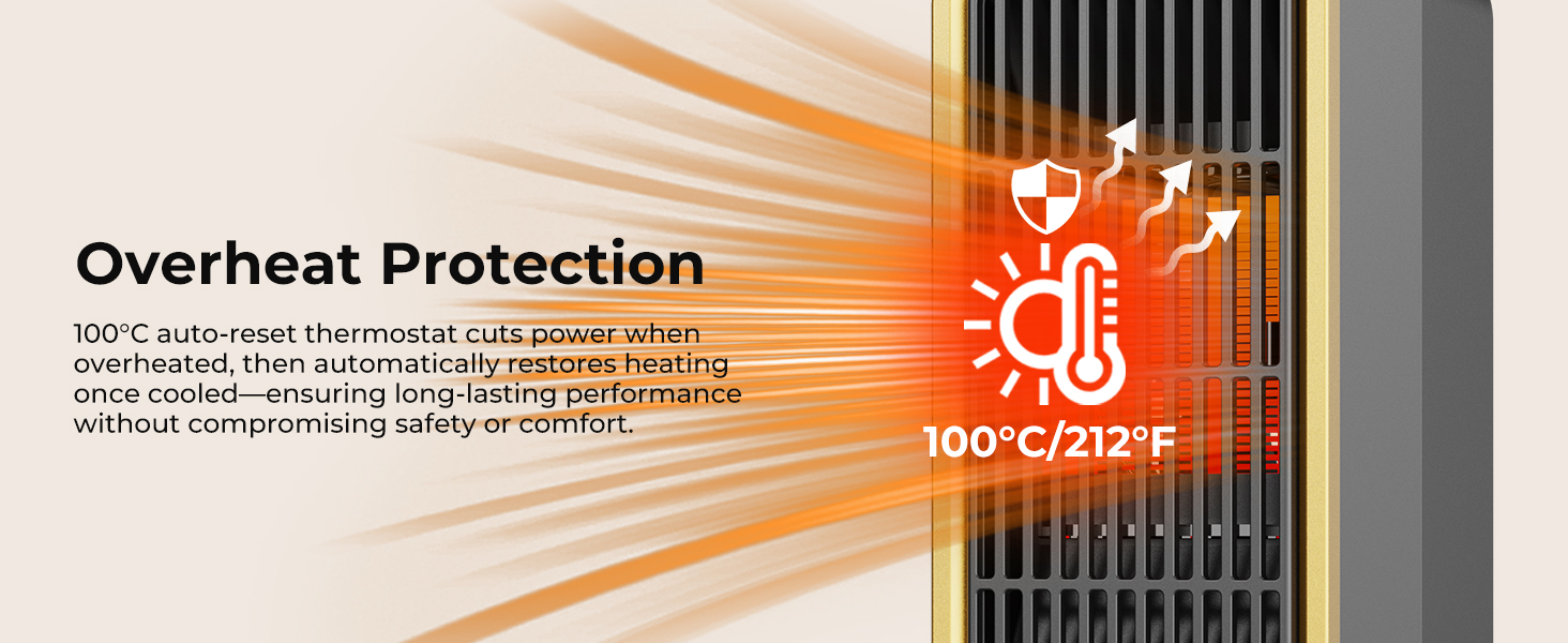Text reads 'Overheat Protection'. Technical diagram showing heating system components with orange glow effect indicating temperature monitoring.