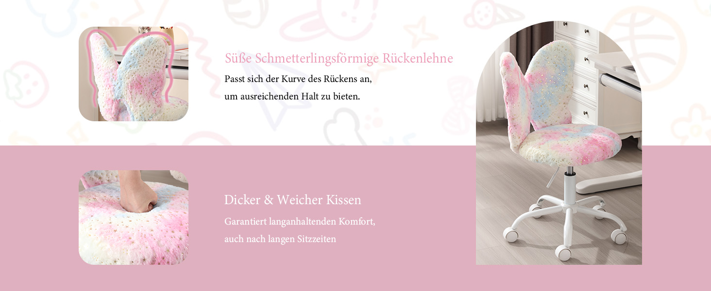 Schreibtischstuhl für Kinder mit flauschiger Rückenlehne und Sitz in Rosa, Blau und Weiß mit Einhornmotiv. Verfügt über eine verstellbare Höhe und Räder
