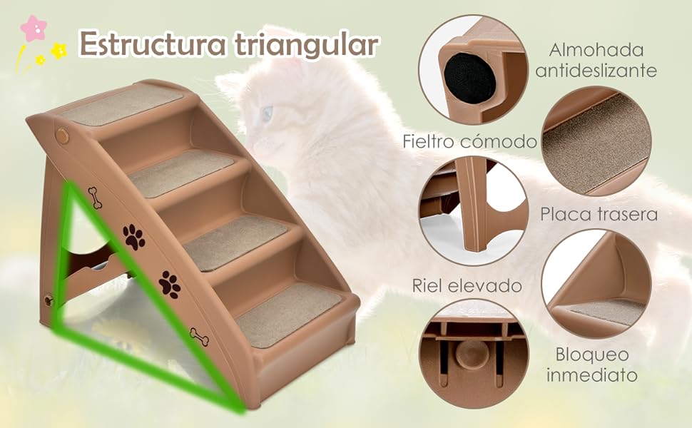 COSTWAY Escalera de Plástico Plegable para Mascotas con 4 Peldaños, Fieltro  Blando, Ideal para Mascotas de