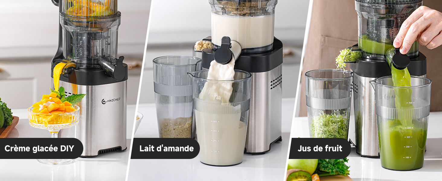 aux multiples fonctions : préparation de desserts glacés, de lait d'amande et de jus de fruits. Montre trois étapes d'utilisation avec différents ingrédients et produits résultants.