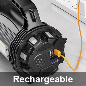 Appareil cylindrique noir avec corps nervuré et cordon orange, étiqueté « Rechargeable », suggérant un outil électrique portable ou une source de lumière