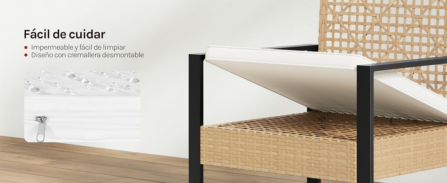 El texto dice: «Fácil de cuidar». El somier de plataforma con cabecero de ratán tejido y estructura de metal negro se muestra en la decoración del dormitorio con ropa de cama de color beige.