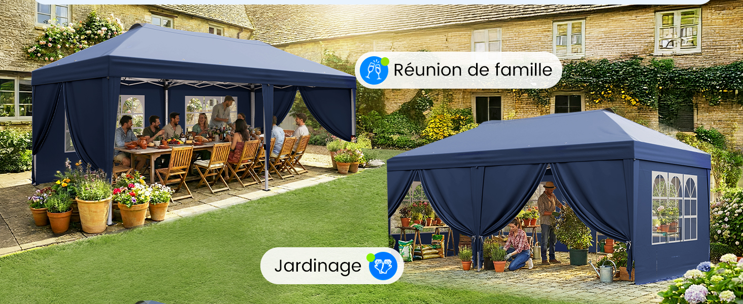 Le texte indique « filtration de fumée » et « Gainstraight ». Scène extérieure avec auvent bleu ou structure de tente dans un jardin.