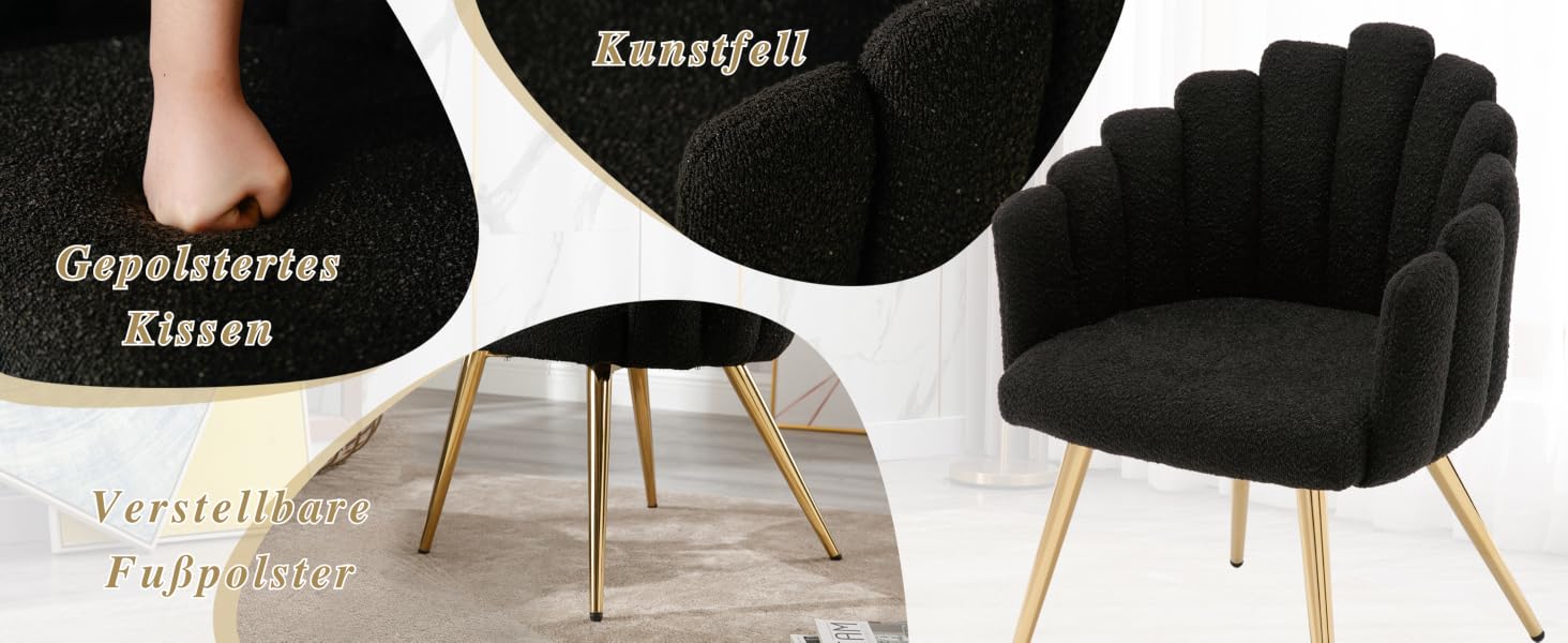 Text: 'EasySoft'. Schwarzer gepolsterter Stuhl mit geschwungener Rückenlehne und goldfarbenen Metallbeinen, abgebildet neben einem kleinen runden Beistelltisch mit Holzplatte.