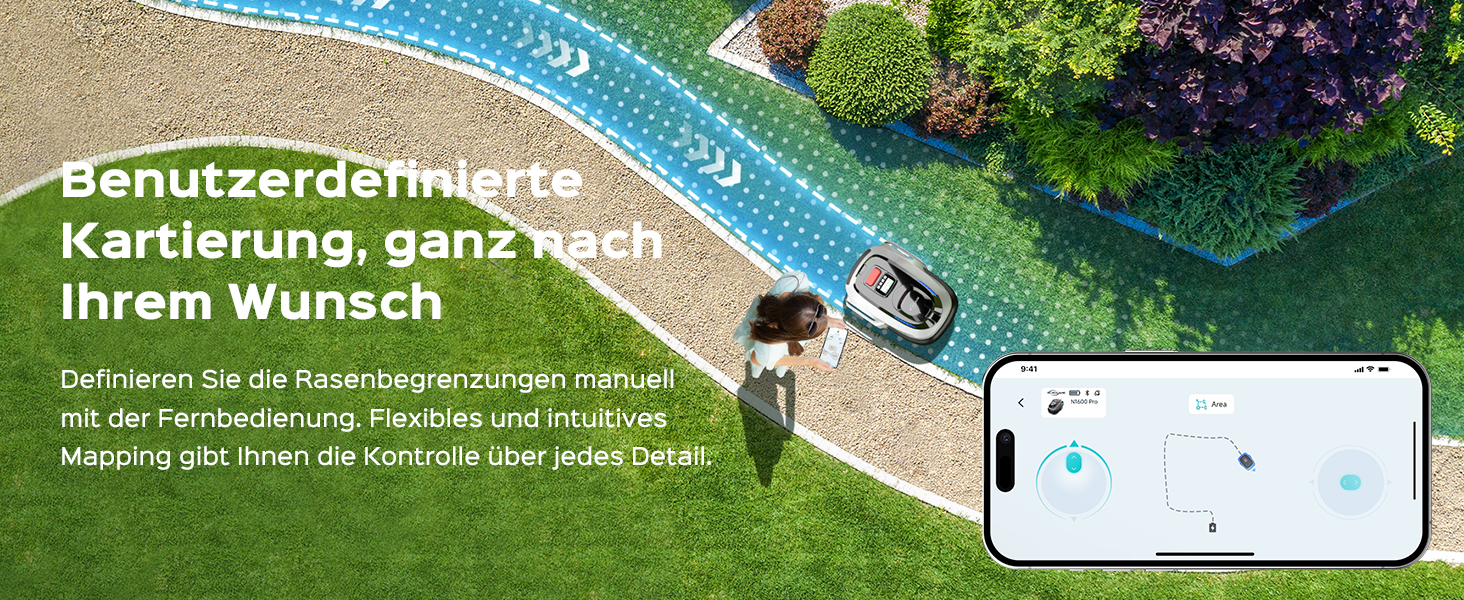 Der Text lautet „Benutzerdefinierte Kartierung, ganz nach Ihrem Wunsch“. Luftaufnahme der Grünfläche mit grünem Gras und geschwungenen Wegen.
