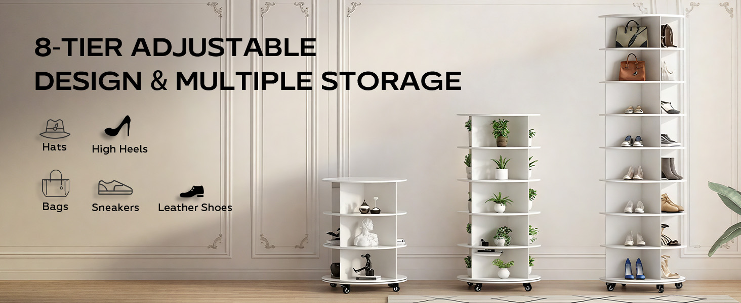 Text reads "8-TIER ADJUSTABLE DESIGN &amp; MULTIPLE STORAGE". White multi-tier vertical storage shelving unit with stacked compartments containing potted plants and decorative items.