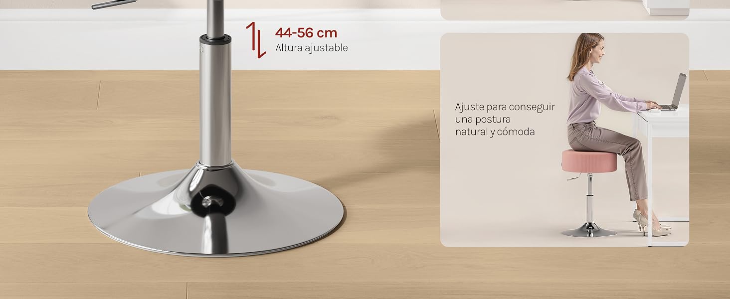 El texto dice «44-56 cm».
[SENTENCE 14] Imagen en varios paneles que muestra una pata de escritorio o base de mesa de altura ajustable con pie metálico circular y mecanismo de columna telescópica.