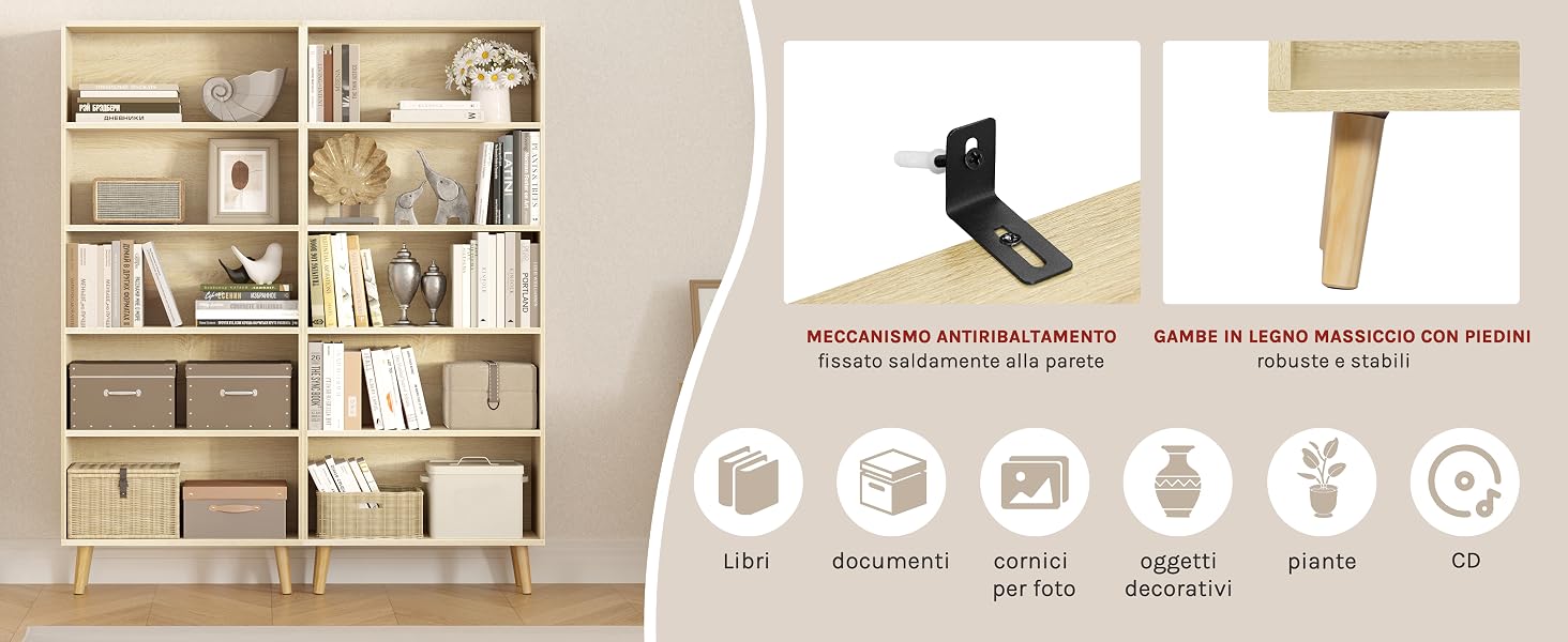 Libreria in legno con più scomparti. L'immagine del prodotto include icone che indicano caratteristiche come ripiani regolabili, facilità di montaggio e materiali ecologici