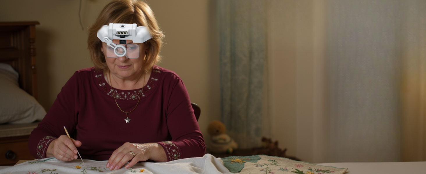Decoración interior que muestra a una persona con una diadema de encaje blanco sentada en una mesa.