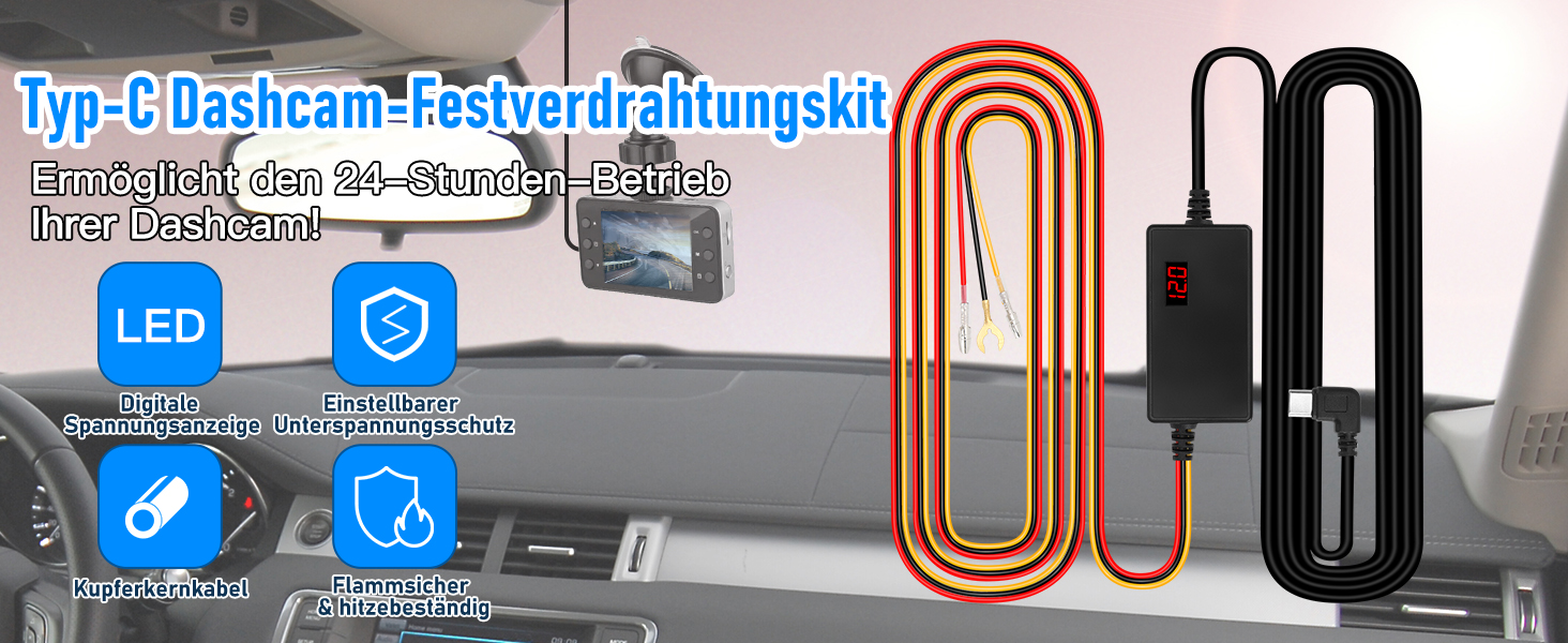 Dashcam-Festverkabelungsset vom Typ C mit orangefarbenem Kabel. Verfügt über LED-Anzeige, Parkmodus und Aufprallerkennung. Enthält deutschen Text, der die 24-Stunden-Überwachungsmöglichkeiten beschreibt.