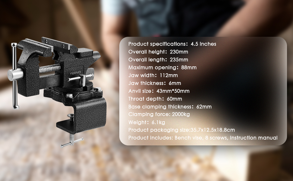 Morsa da tavolo con larghezza della ganascia di 4,5 pollici, lunghezza 230 mm e apertura massima di 88 mm. Presenta una larghezza della ganascia di 112 mm, uno spessore di 4 mm e una forza di serraggio di 2000 kg. Pesa 6,1 kg