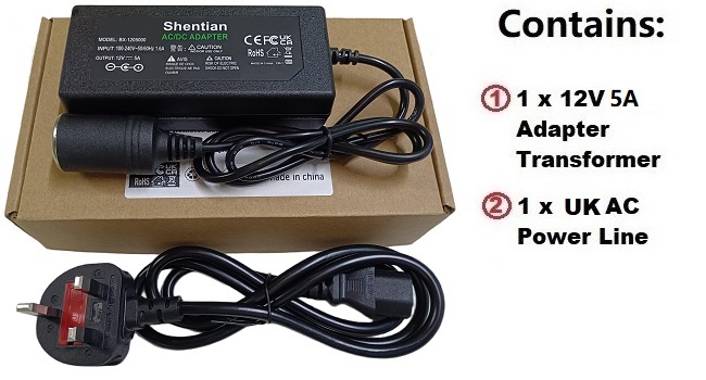 Power adapter set including a 12V 5A adapter transformer and UK AC power line cord in packaging.